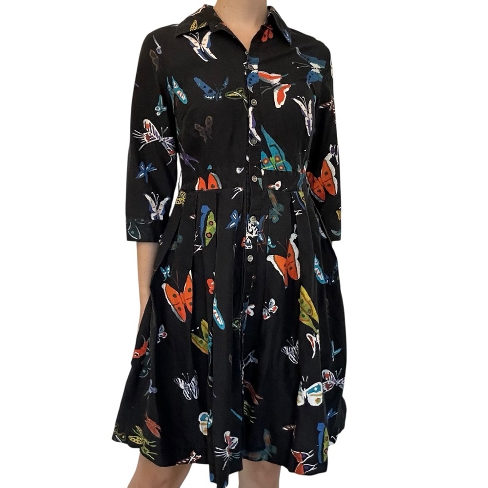 Black Butterfly Print Midi Shirt Dress - Picture 2 of 7